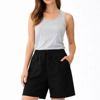 Kadın Keten Kumaş Cepli Rahat Kesim Bel Lastikli Şort - Siyah