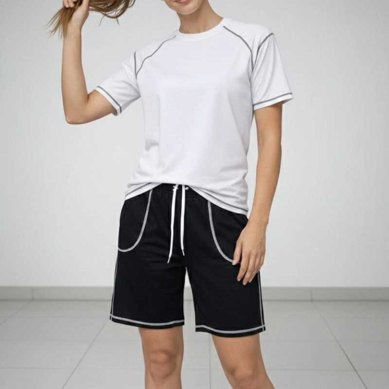Kadın Kısa Kol Oversize Kalıp Tişört Şort ikili Takım Kontrast Dikişli - Beyaz