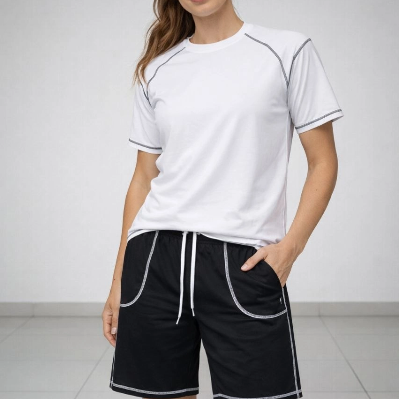 Kadın Kısa Kol Oversize Kalıp Tişört Şort ikili Takım Kontrast Dikişli - Beyaz