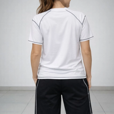 Kadın Kısa Kol Oversize Kalıp Tişört Şort ikili Takım Kontrast Dikişli - Beyaz