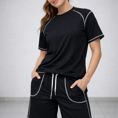 Kadın Kısa Kol Oversize Kalıp Tişört Şort ikili Takım Kontrast Dikişli - Siyah