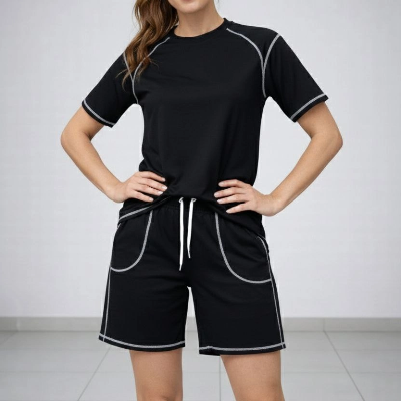 Kadın Kısa Kol Oversize Kalıp Tişört Şort ikili Takım Kontrast Dikişli - Siyah