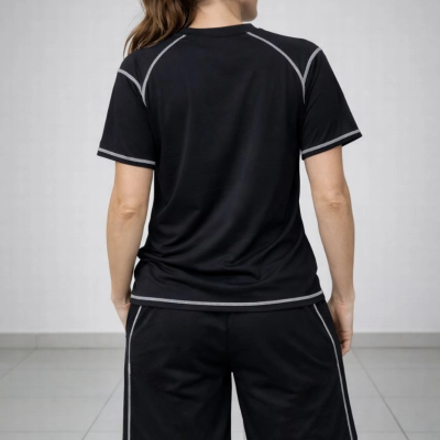 Kadın Kısa Kol Oversize Kalıp Tişört Şort ikili Takım Kontrast Dikişli - Siyah