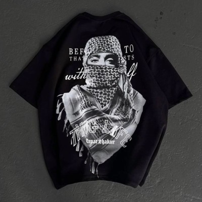 Kadın Kısa Kol Tişört Bisiklet Yaka Filistin Poşülü Baskılı T-Shirt - Siyah