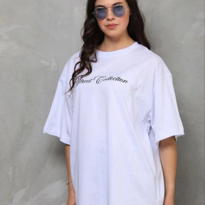 Kadın Kısa Kol Yazlık Tişört Bisiklet Yaka Baskılı Oversize T-Shirt - Beyaz