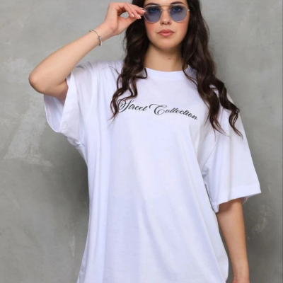 Kadın Kısa Kol Yazlık Tişört Bisiklet Yaka Baskılı Oversize T-Shirt - Beyaz