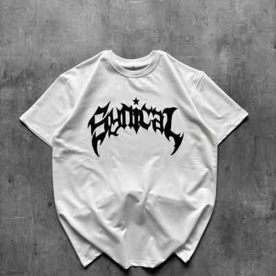 Kadın Kısa Kol Yazlık Tişört Bisiklet Yaka Baskılı Oversize T-Shirt - Beyaz