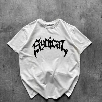 Kadın Kısa Kol Yazlık Tişört Bisiklet Yaka Baskılı Oversize T-Shirt - Beyaz