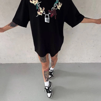 Kadın Kısa Kol Yazlık Tişört Bisiklet Yaka Baskılı Oversize T-Shirt - Siyah