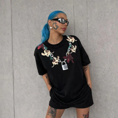 Kadın Kısa Kol Yazlık Tişört Bisiklet Yaka Baskılı Oversize T-Shirt - Siyah