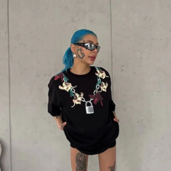 Kadın Kısa Kol Yazlık Tişört Bisiklet Yaka Baskılı Oversize T-Shirt - Siyah