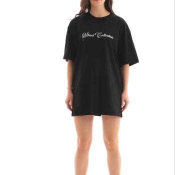 Kadın Kısa Kol Yazlık Tişört Bisiklet Yaka Baskılı Oversize T-Shirt - Siyah