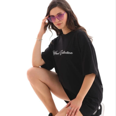 Kadın Kısa Kol Yazlık Tişört Bisiklet Yaka Baskılı Oversize T-Shirt - Siyah