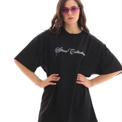 Kadın Kısa Kol Yazlık Tişört Bisiklet Yaka Baskılı Oversize T-Shirt - Siyah