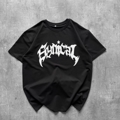 Kadın Kısa Kol Yazlık Tişört Bisiklet Yaka Baskılı Oversize T-Shirt - Siyah