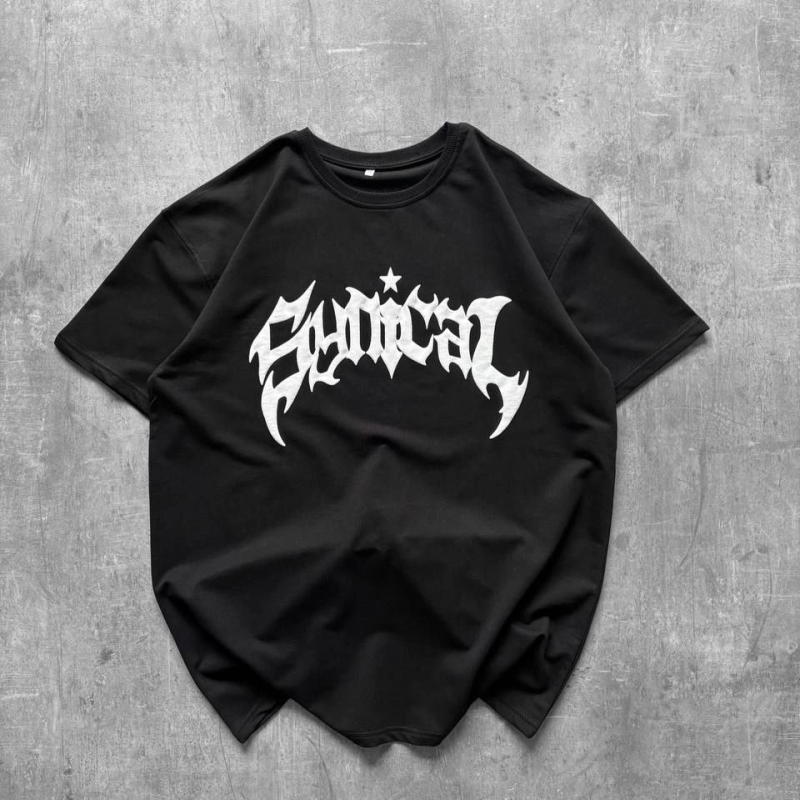 Kadın Kısa Kol Yazlık Tişört Bisiklet Yaka Baskılı Oversize T-Shirt - Siyah