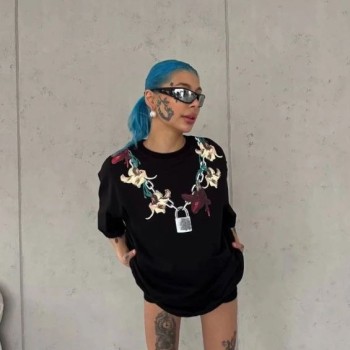 Kadın Kısa Kol Yazlık Tişört Bisiklet Yaka Baskılı Oversize T-Shirt - Siyah