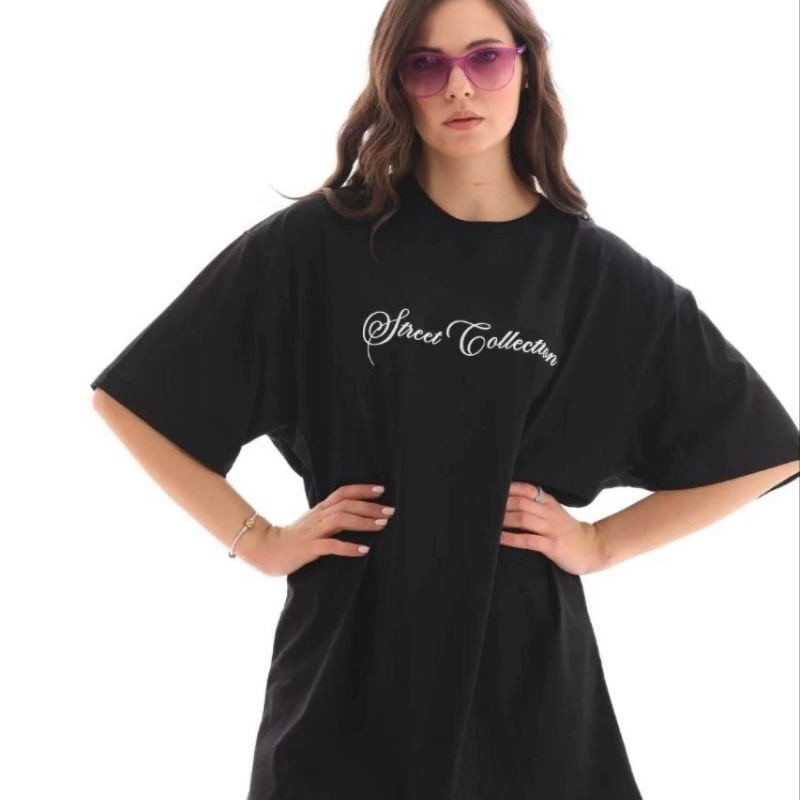 Kadın Kısa Kol Yazlık Tişört Bisiklet Yaka Baskılı Oversize T-Shirt - Siyah