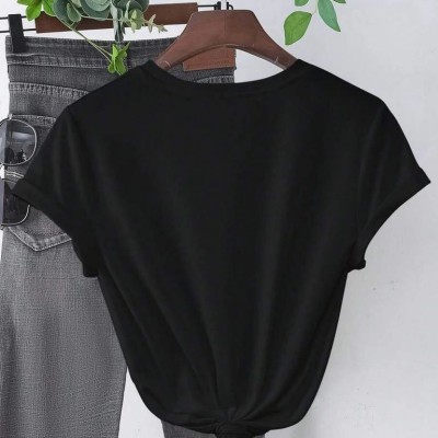 Kadın Kısa Kol Yazlık Tişört Bisiklet Yaka Baskılı Oversize T-Shirt - Siyah