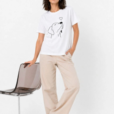 Kadın Köpek Figürlü Minimal Baskılı Tişört Kısa Kol Yazlık T-Shirt - Beyaz