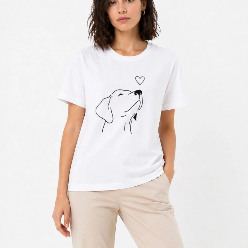 Kadın Köpek Figürlü Minimal Baskılı Tişört Kısa Kol Yazlık T-Shirt - Beyaz