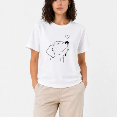 Kadın Köpek Figürlü Minimal Baskılı Tişört Kısa Kol Yazlık T-Shirt - Beyaz