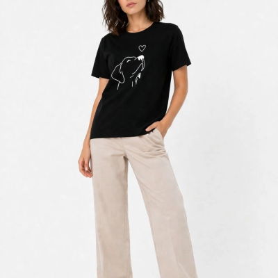 Kadın Köpek Figürlü Minimal Baskılı Tişört Kısa Kol Yazlık T-Shirt - Siyah