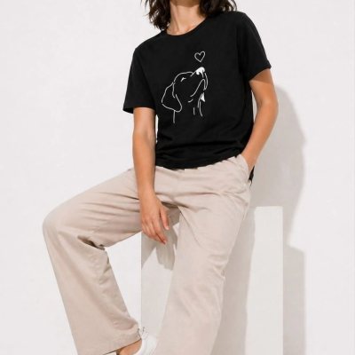 Kadın Köpek Figürlü Minimal Baskılı Tişört Kısa Kol Yazlık T-Shirt - Siyah