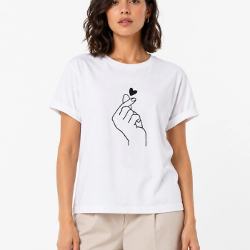 Kadın Kore Parmak Kalp Aşk Temalı Minimal Baskılı Tişört Yazlık Kısa Kol T-Shirt - Beyaz Kadın Kore Parmak Kalp Aşk Temalı Minimal Baskılı Tişört Yazlık Kısa Kol T-Shirt - Beyaz