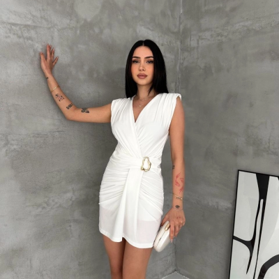 Kadın Kruvaze Drapeli Tokalı Mini Elbise Şık Gece Davet Abiye - Beyaz