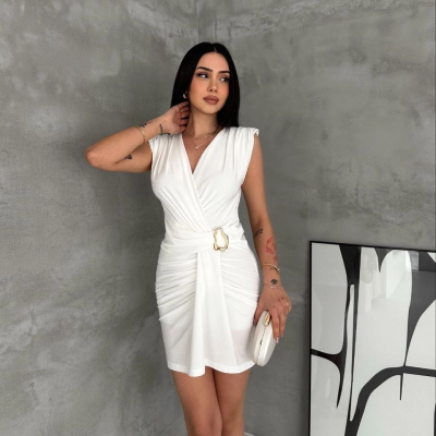 Kadın Kruvaze Drapeli Tokalı Mini Elbise Şık Gece Davet Abiye - Beyaz