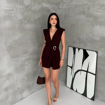 Kadın Kruvaze Drapeli Tokalı Mini Elbise Şık Gece Davet Abiye - Kahverengi