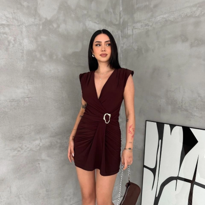 Kadın Kruvaze Drapeli Tokalı Mini Elbise Şık Gece Davet Abiye - Kahverengi