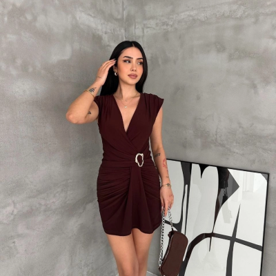 Kadın Kruvaze Drapeli Tokalı Mini Elbise Şık Gece Davet Abiye - Kahverengi