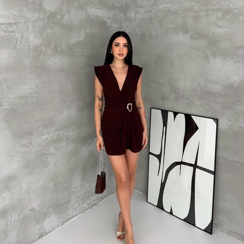 Kadın Kruvaze Drapeli Tokalı Mini Elbise Şık Gece Davet Abiye - Kahverengi