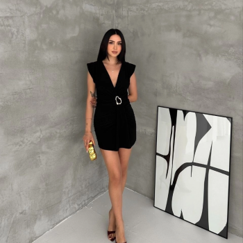 Kadın Kruvaze Drapeli Tokalı Mini Elbise Şık Gece Davet Abiye - Siyah