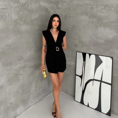 Kadın Kruvaze Drapeli Tokalı Mini Elbise Şık Gece Davet Abiye - Siyah