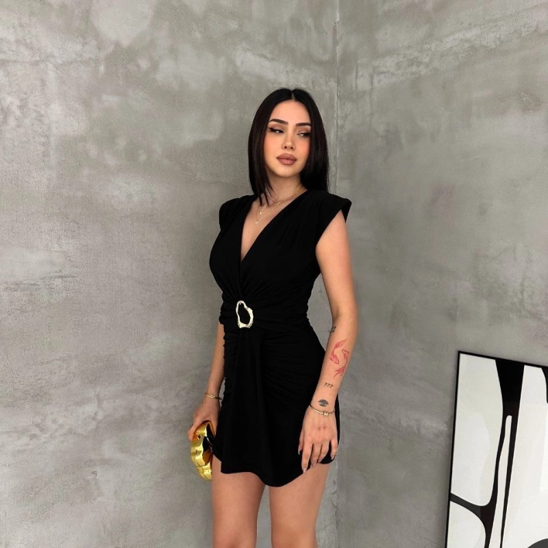 Kadın Kruvaze Drapeli Tokalı Mini Elbise Şık Gece Davet Abiye - Siyah