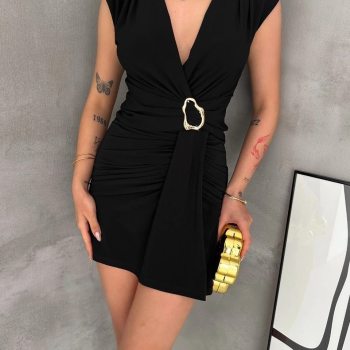 Kadın Kruvaze Drapeli Tokalı Mini Elbise Şık Gece Davet Abiye - Siyah