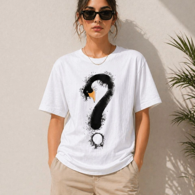 Kadın Kuğu Figürlü Soru İşareti Baskılı Tişört Kısa Kol T-Shirt - Beyaz