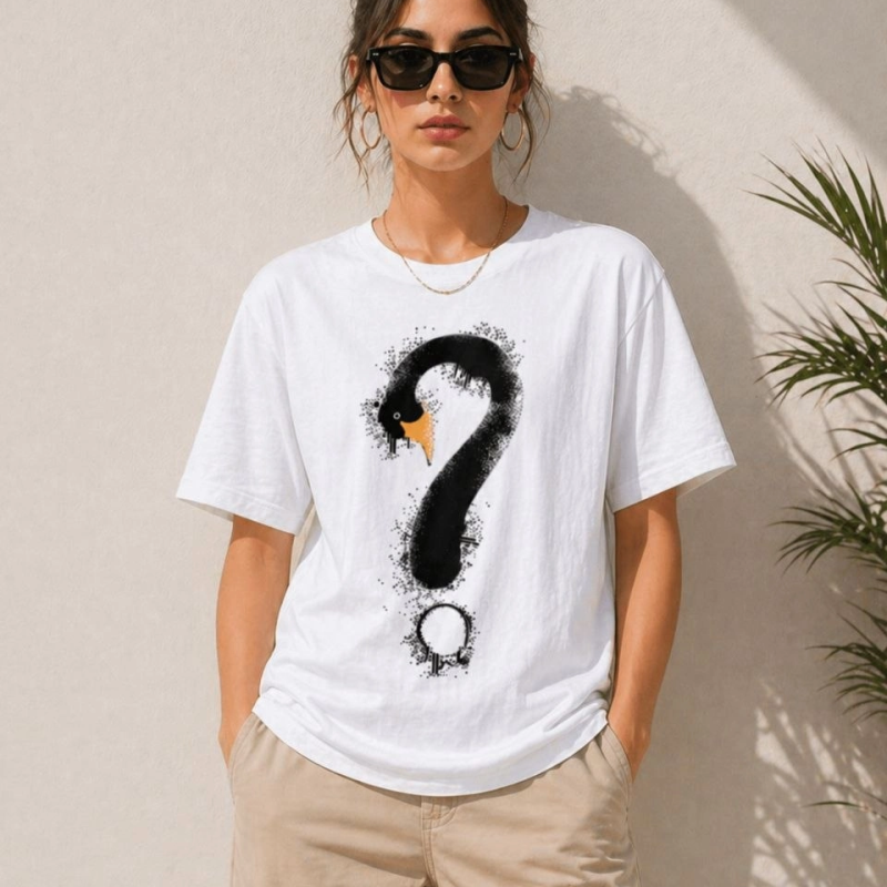 Kadın Kuğu Figürlü Soru İşareti Baskılı Tişört Kısa Kol T-Shirt - Beyaz