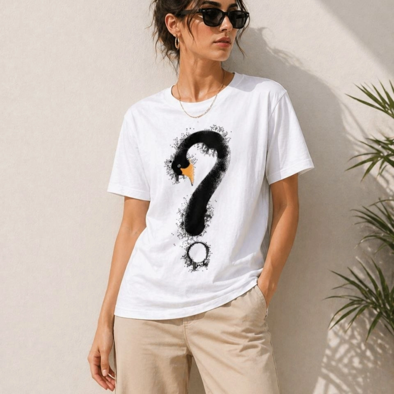 Kadın Kuğu Figürlü Soru İşareti Baskılı Tişört Kısa Kol T-Shirt - Beyaz