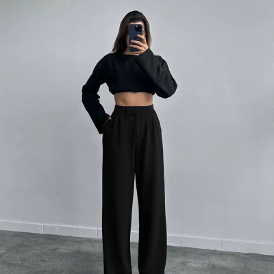 Kadin Likralı Cirt Kapama Siyah Palazzo Pantolon - Siyah