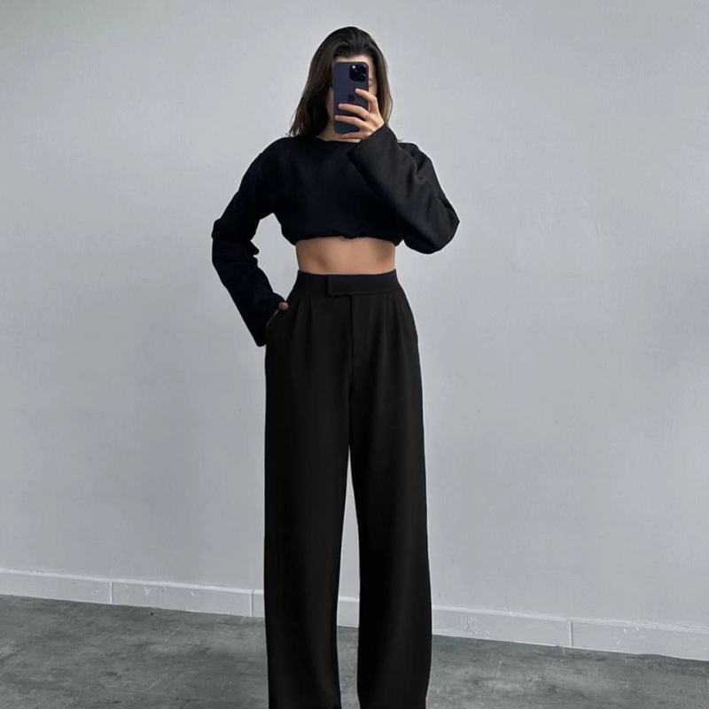 Kadin Likralı Cirt Kapama Siyah Palazzo Pantolon - Siyah