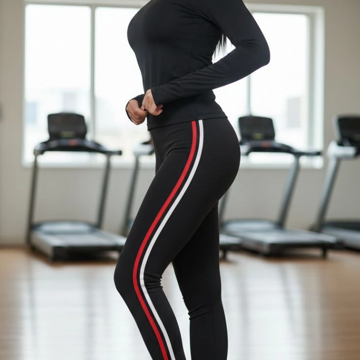 Kadın Likralı Penye Yanı Kırmızı Beyaz Şeritli Dar Kalıp Spor Tayt - Siyah