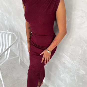 Kadın Likralı Simli Kumaş Yandan Yırtmaçlı Uzun Elbise Şık Kolsuz Abiye - Bordo