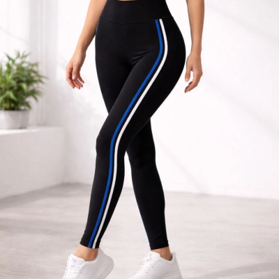 Kadın Likralı Yan Beyaz Mavi Şeritli Detaylı Tayt - Siyah