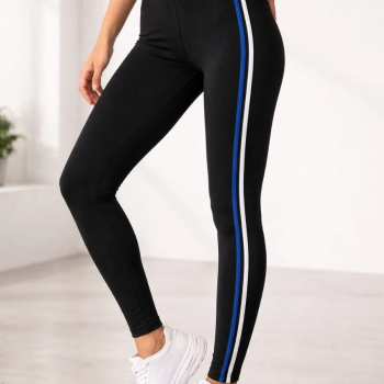 Kadın Likralı Yan Beyaz Mavi Şeritli Detaylı Tayt - Siyah