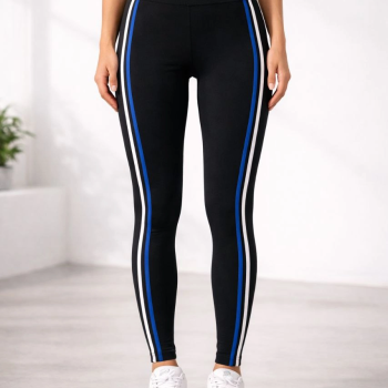 Kadın Likralı Yan Beyaz Mavi Şeritli Detaylı Tayt - Siyah