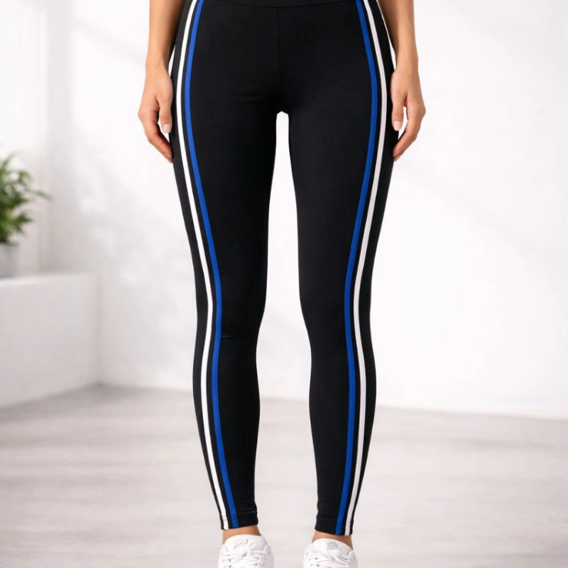 Kadın Likralı Yan Beyaz Mavi Şeritli Detaylı Tayt - Siyah